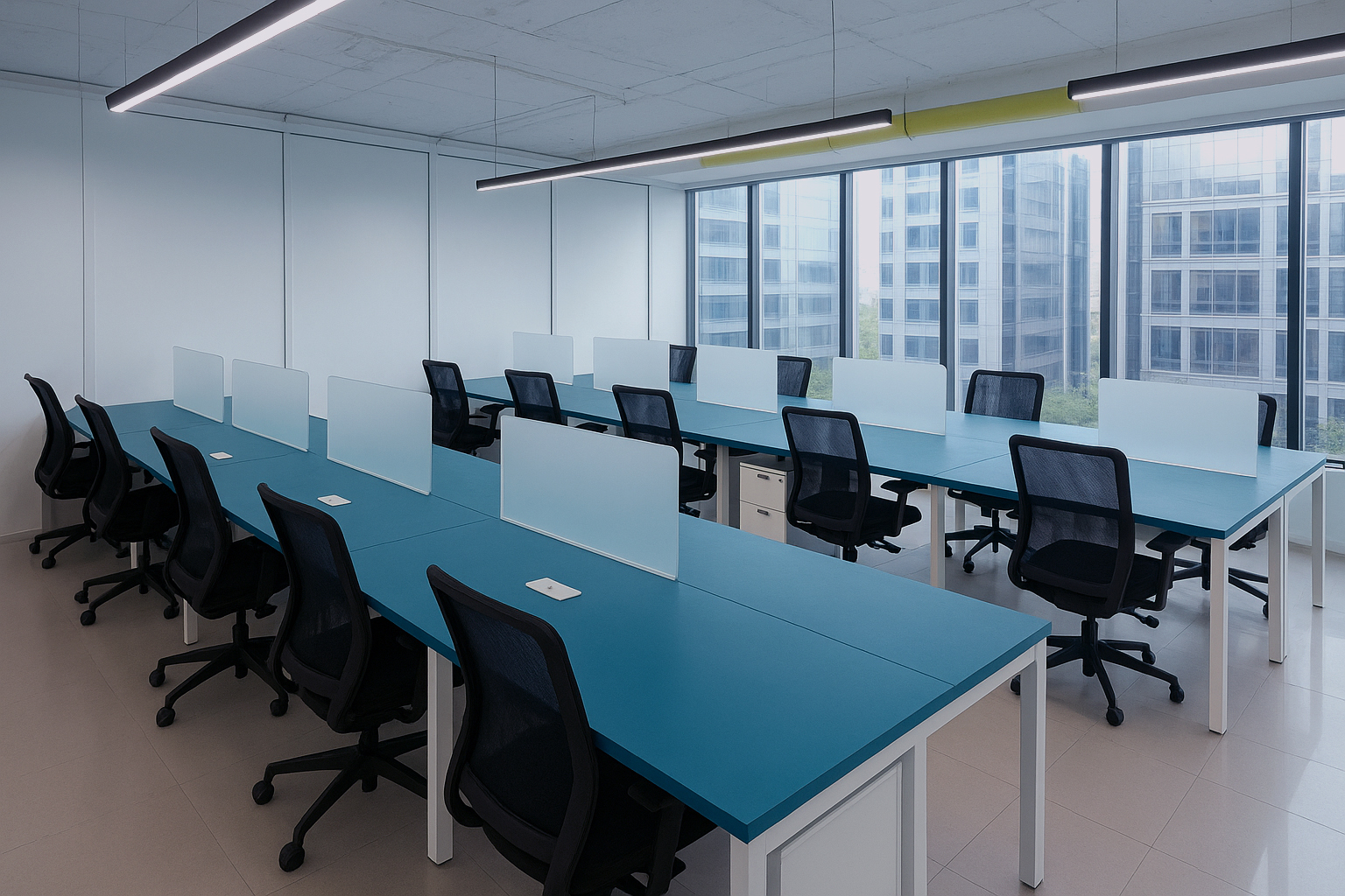 Workspaces with large desks at Community Coworks 